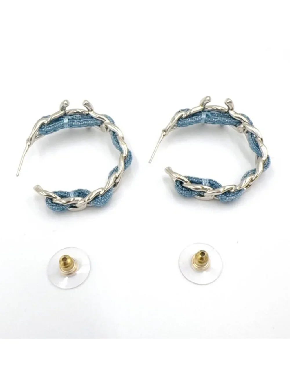 Chanel CC Logo Hoop Metal Denim Silver Blue Earrings